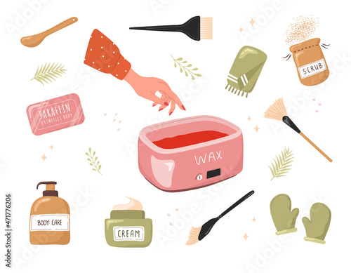 Paraffin therapy. Moisturizing wax from skin care. Paraffin spa treatment for hands. Icons collection of cosmetic procedures for skin. Vector illustration in flat cartoon style.