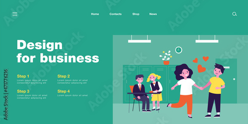 School boy and girl in love. Flat vector illustration. Happy little kids holding hands in classroom while their classmates whispering behind their backs. First school love, friendship, romance concept