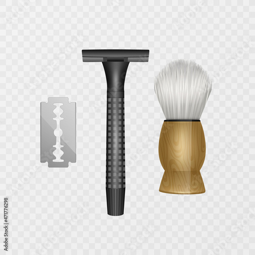 Set of shaving tools, razor blades and foam brush on white background