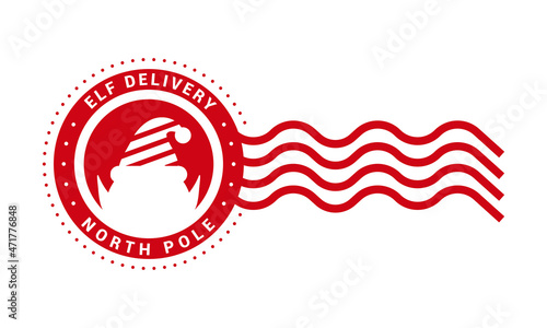 Elf delivery - north pole. Round stamp design template. Christmas decorative element for handmade gifts with text and elf silhouette. Vector illustration on white background