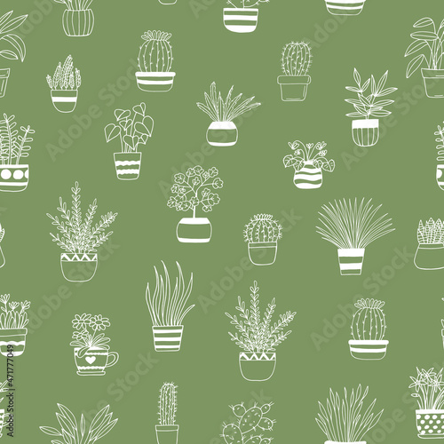 houseplants in pots seamless pattern hand drawn. vector, plants, flowers, minimalism, scandinavian. trendy colors 2022. wallpaper, background, textiles, wrapping paper, cactus.