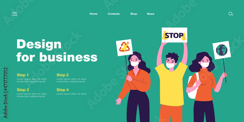 Ecology activists with placards and banners. Characters in masks asking to stop deforestation, recycle plastic bottles flat vector illustration. Environment, ecology concept for banner, website design