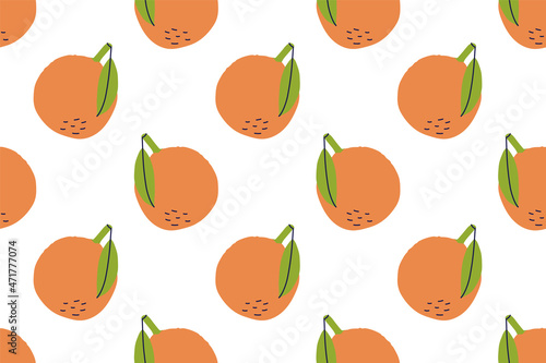 Fototapeta Naklejka Na Ścianę i Meble -  Orange fruit with leaf. Seamless pattern. Hand drawn vector illustration. Sweet citrus exotic food.