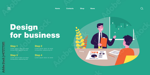 Businessman with documents talking to man at office table. Human recourses manager telling about company flat vector illustration. Job interview, HR, recruitment concept for banner, website design
