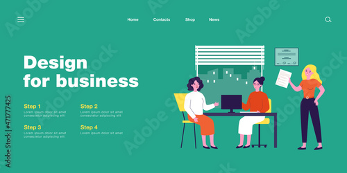 Sad woman in consultation with lawyer flat vector illustration. Female person sitting in office and talking about her problems to jurisconsults. Juridical help concept