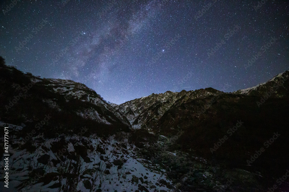 晩秋の白馬大雪渓から月光に照らされた雪の白馬岳と星空 晩秋の白馬大雪渓から月光に照らされた雪の白馬岳と星空