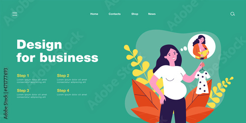 Pregnant woman holding clothes for future child. Female breastfeeding newborn in thought bubble flat vector illustration. Pregnancy, motherhood concept for banner, website design or landing web page