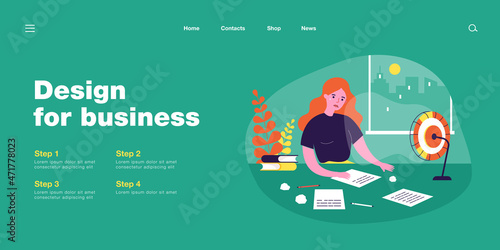 Sad woman sitting at table and writing. Sheets of paper on desk, crumpled paper, anxious female character flat vector illustration. Creativity crisis, journalism concept for banner, website design