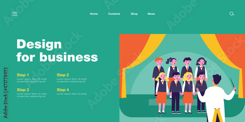 Childrens choir with conductor on stage flat vector illustration. Pupils singing at school concert. Musicians, performance concept for banner, website design or landing web page
