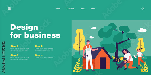 Carpenter making doghouse for domestic animal outside. Mother playing with dog, daughter with bone, man with hammer and nail flat vector illustration. Pets concept for banner, website design