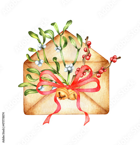 Watercolor painting mail envelope with green mistletoe branches, branch with red berries, bells and bow. Christmas illustrations for New Years celebration, greeting cards, invitations, calendars. 
