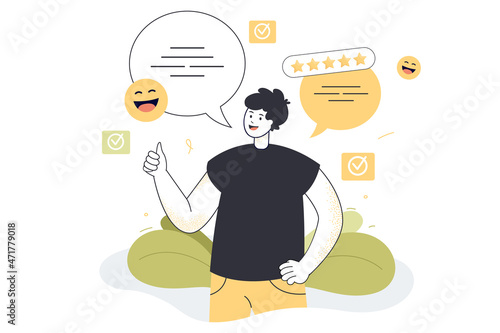 Customer recommending service with positive feedback and review. Man with hand thumb up sharing experience about products, delivery, online store flat vector illustration. Clients feedback concept