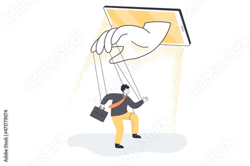 Hands from mobile phone controlling tiny businessman puppet. Persuasive control and manipulation of online news in social media for man with briefcase flat vector illustration. Propaganda concept
