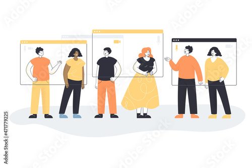 Diversity team of people meeting in video call online. Group of tiny characters standing near windows of zoom app flat vector illustration. Remote virtual conference from home office, webinar concept