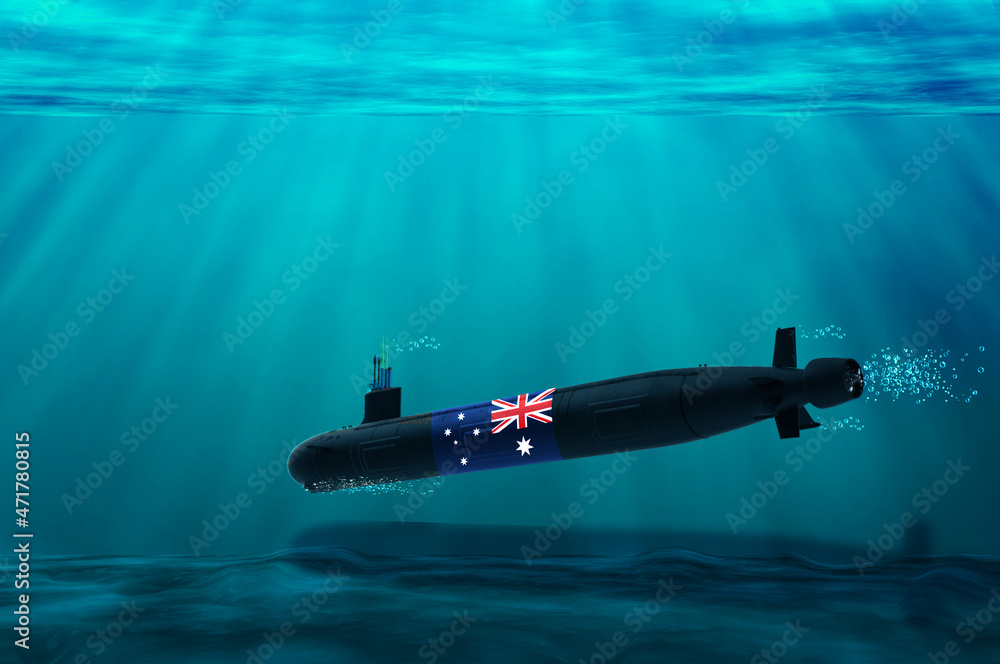 3D rendering of Australian Nuclear submarine, In the deep sea