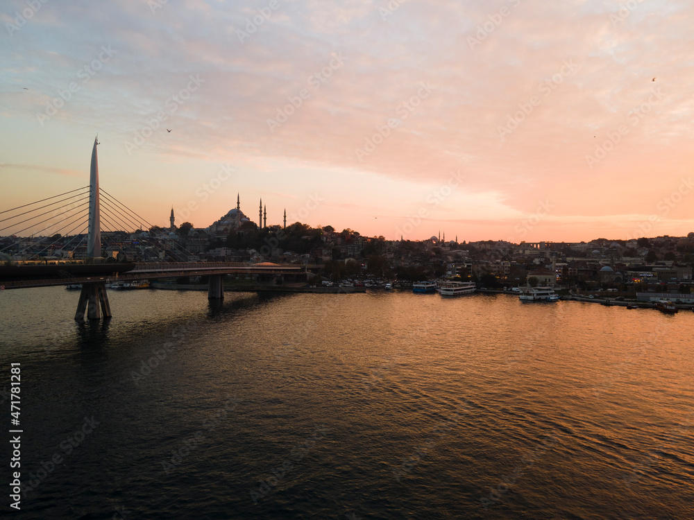 istanbul golden horn aerial view sunset time