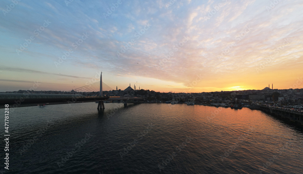 istanbul golden horn aerial view sunset time