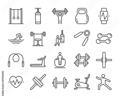 Training equipment icon. Gym and fitness line icons set. Editable Stroke.