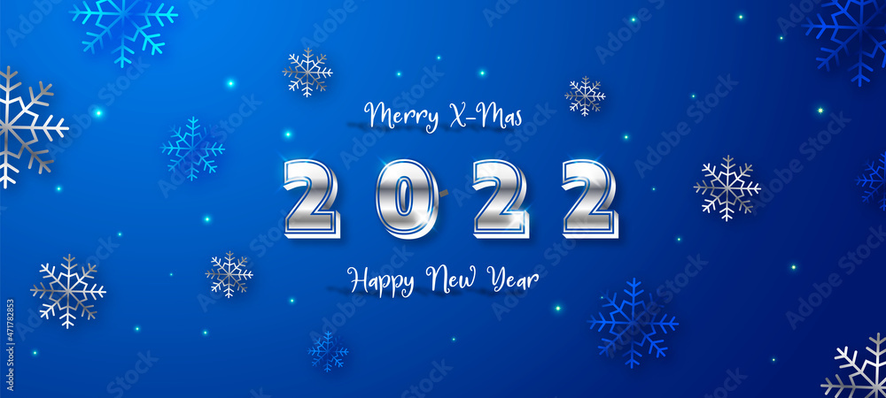 Happy New Year 2022 gold numbers typography greeting card design on blue background. Merry Christmas invitation poster with golden decoration elements.