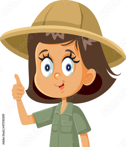 Explorer Girl Wearing Safari Costume Holding Thumbs Up Vector Cartoon