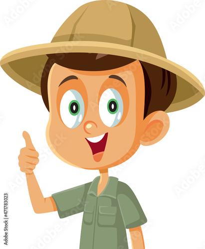 Little Boy Wearing Safari Costume Holding Thumbs Up Vector Cartoon