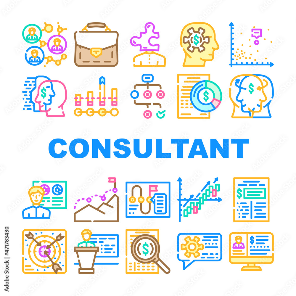 Business Consultant Advicing Icons Set Vector. Consultant Service And Advice, Planning Strategy And Success Goal Achievement, Search Solve Company Problem And Research Report Line. Color Illustrations