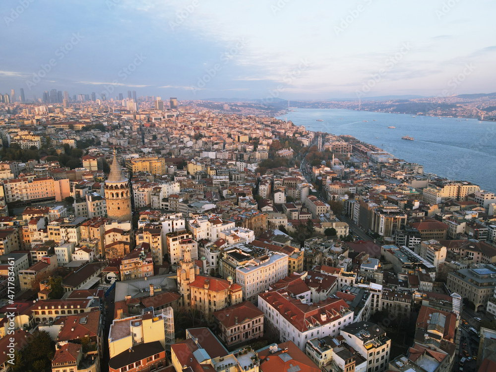Galata Tower aerial view with amazing bosphorus view