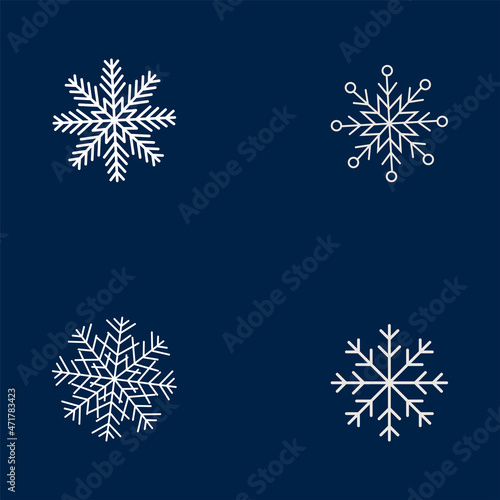 Set of white snowflakes. White snowflakes on navy blue background. Vector snowflakes icon set for your design, pattern and more.