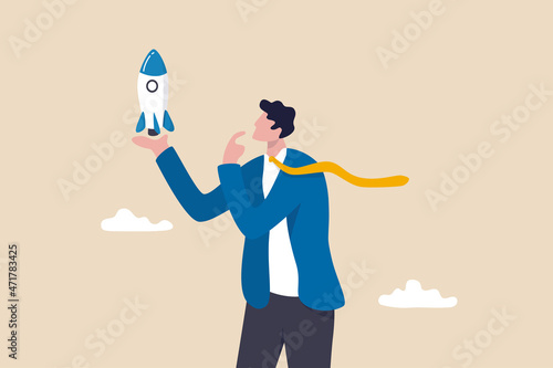 Entrepreneur and startup project, start new business or opportunity to invent new product, innovation or ambition to success concept, confidence businessman holding rocket project thinking for launch.