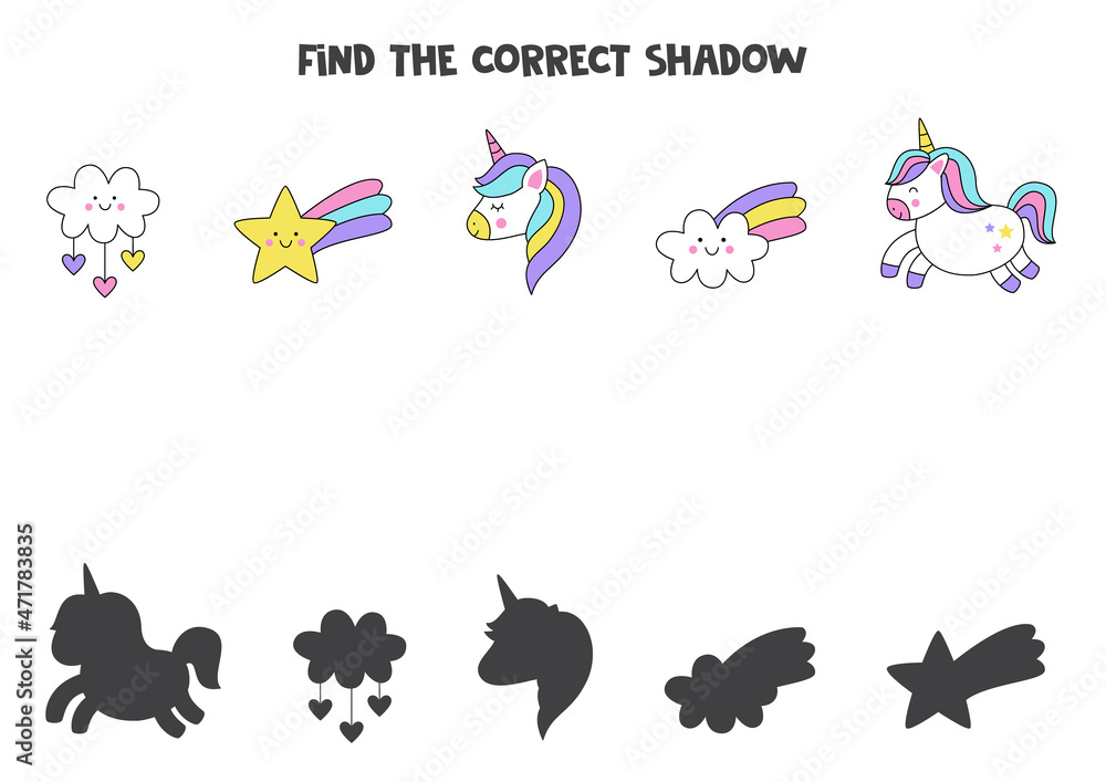 Find the correct shadows of cute unicorn pictures. Logical puzzle for kids. Find the correct shadows of cute unicorn pictures. Logical puzzle for kids.