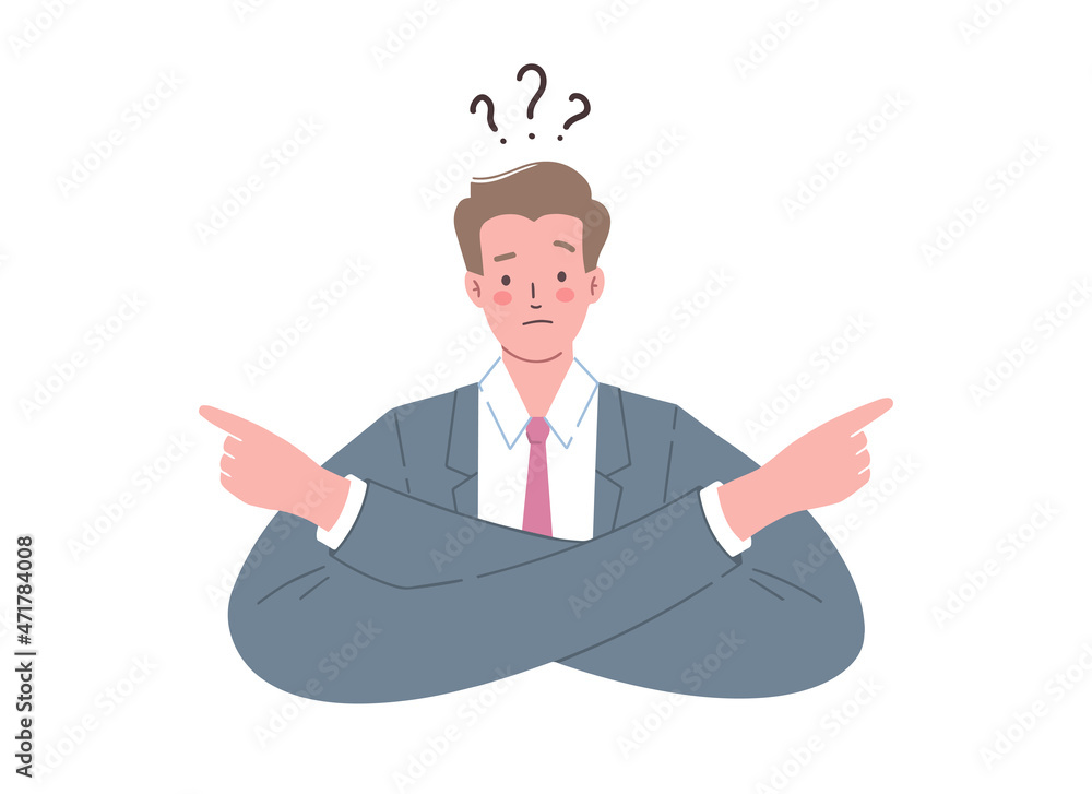 Man in a suit makes difficult choice between two options. Making a decision. Man in a suit makes difficult choice between two options. Making a decision.