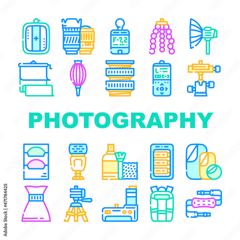 Photography Tool And Accessory Icons Set Vector. Photo Camera Lenses And Light Filters, Flexible Tripod And Background For Make Quality Photography Line. Battery Pack And Bag Color Illustrations Photography Tool And Accessory Icons Set Vector. Photo Camera Lenses And Light Filters, Flexible Tripod And Background For Make Quality Photography Line. Battery Pack And Bag Color Illustrations