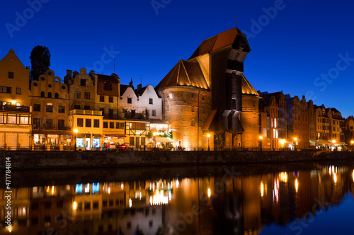 View on illumination of night embankment of Moltawa River in Gdansk in the Poland.