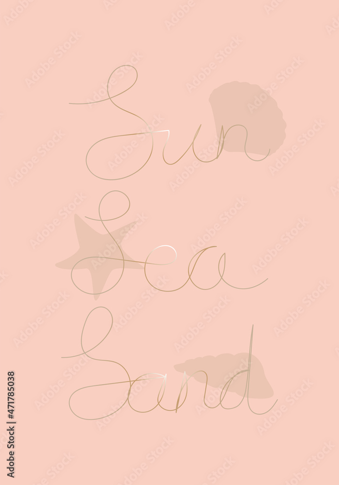 Background illustration with silhouettes of seashells with the inscription sea, sun, sand. Suitable for T-shirt design, notebooks, notebooks, wall decoration