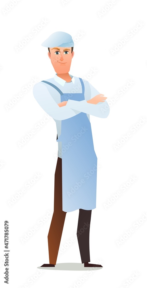 Male cook in overalls. Guy from kitchen in an apron. Cheerful person. Standing pose. Cartoon comic style flat design. Single character. Illustration isolated on white background. Vector Male cook in overalls. Guy from kitchen in an apron. Cheerful person. Standing pose. Cartoon comic style flat design. Single character. Illustration isolated on white background. Vector