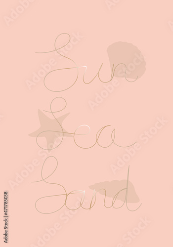 Background illustration with silhouettes of seashells with the inscription sea, sun, sand. Suitable for T-shirt design, notebooks, notebooks, wall decoration