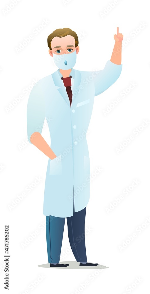 Optimistic doctor in dressing gown and humor mask. Cheerful persons in standing pose. Cartoon comic style flat design. Separate character. Illustration isolated on white background. Vector Optimistic doctor in dressing gown and humor mask. Cheerful persons in standing pose. Cartoon comic style flat design. Separate character. Illustration isolated on white background. Vector