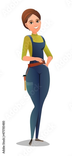 Woman in overalls. Service girl. Handyman, locksmith or repairman. Cheerful person. Standing pose. Cartoon comic style flat design. Single character. Illustration isolated on white background. Vector
