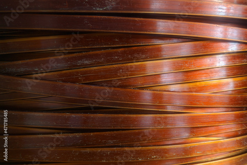 Macro shot of flat copper coil windings of high-voltage distribution transformer. photo