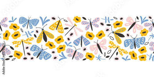 Butterfly and wildflower seamless border. Cute doodle hand drawn insects in trendy pastel colors. Sweet funny scandinavian butterflies for kids textile. Delicate and trendy design.