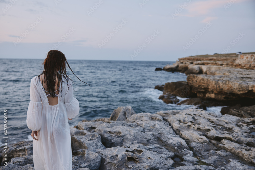 woman traveler white dress standing outdoor freedom woman traveler white dress standing outdoor freedom