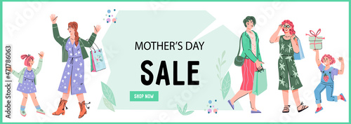 Womens day poster or flyer template, website header or discount offer with women and girls  characters. Mothers and daughters shopping goods in Womens Day. Holiday sale promo, vector illustration.