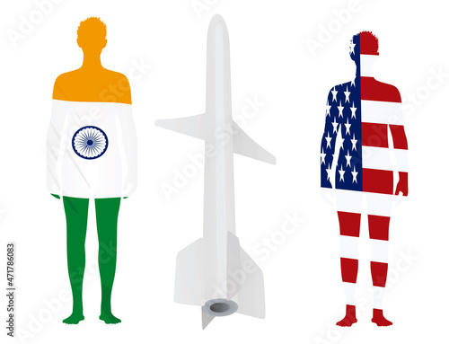 USA and India man silhouette with missile. vector