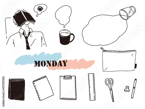 白黒、モノトーン、線画のイラスト(手書き、寝る、勉強、ファッション、コップ、文房具) Illustrations of black and white, monotone, and line drawings.Handwriting, sleeping, fashion, cups, stationery.