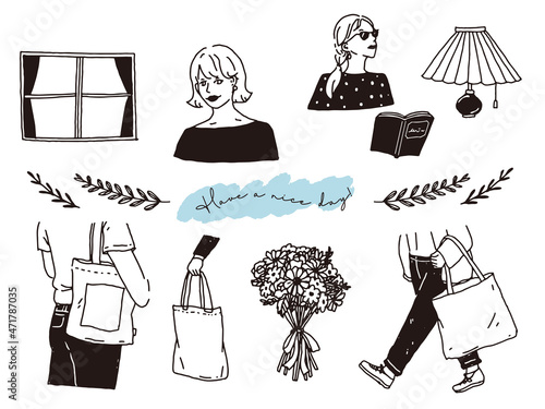 白黒、モノトーン、線画のイラスト(手書き、オシャレ、雑誌、ファッション、鞄、人物) Illustrations of black and white, monotone, and line drawings.Handwritten, stylish, magazines, bags, people.