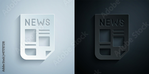 Paper cut News icon isolated on grey and black background. Newspaper sign. Mass media symbol. Paper art style. Vector