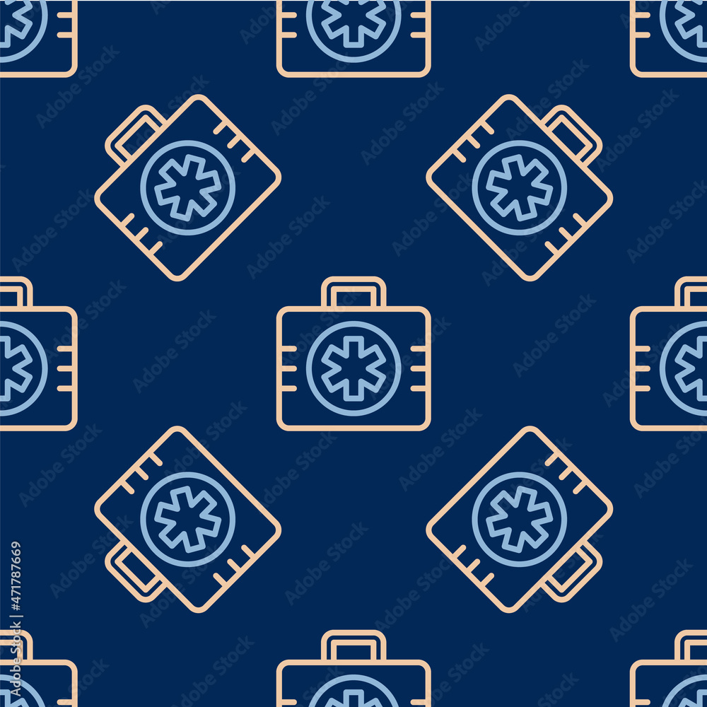 Line First aid kit icon isolated seamless pattern on blue background. Medical box with cross. Medical equipment for emergency. Healthcare concept. Vector Line First aid kit icon isolated seamless pattern on blue background. Medical box with cross. Medical equipment for emergency. Healthcare concept. Vector