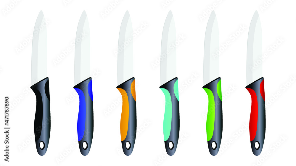set of realistic kitchen knives isolated on white, chef knives, Cutlery icon set, colourful knives, Vector illustration set of realistic kitchen knives isolated on white, chef knives, Cutlery icon set, colourful knives, Vector illustration