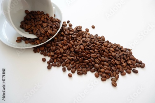 Coffee beans, White Cup and saucer on white background. coffee, Cafe, shop design elements. 