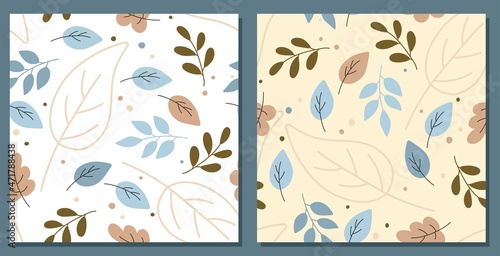 Set of Creative autumn backgrounds with simple leaves and pastel texture. Leaf fall. Vector illustration. Seamless pattern.